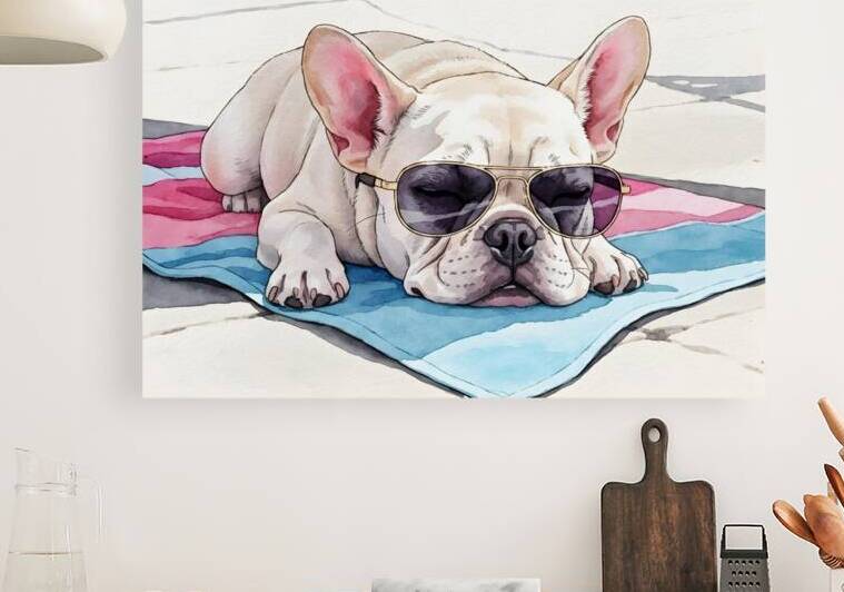 Tired Cream French Bulldog Puppy Resting On Beach Towel by Puppy Prints