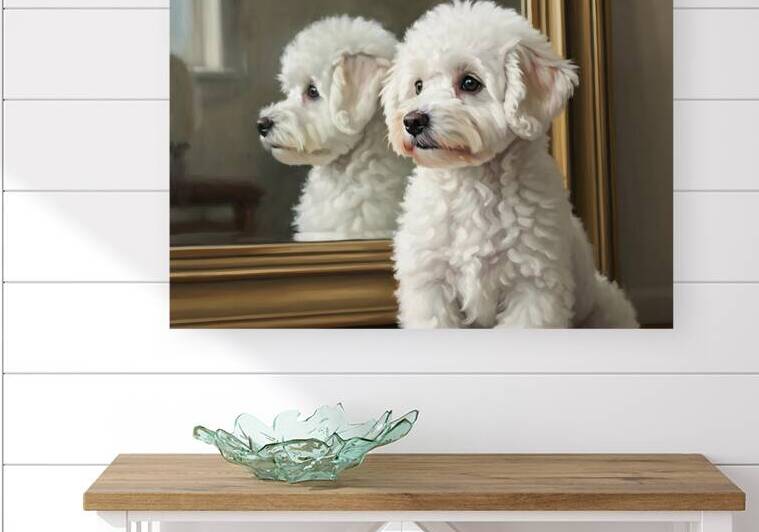 White Bichon Frise Puppy Contemplates Its Reflection by Puppy Prints