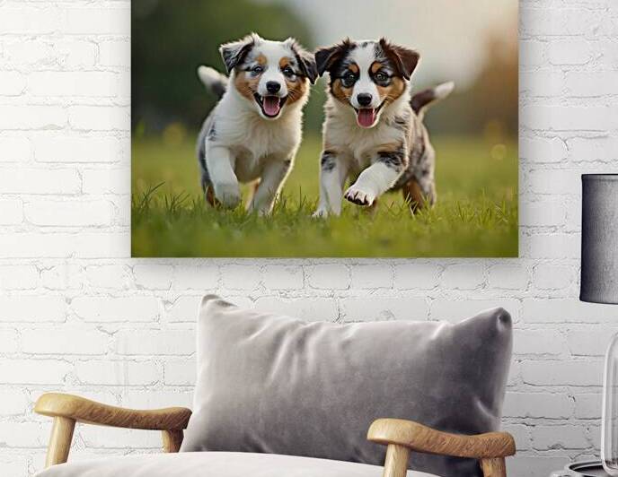 Blue Merle Australian Shepherd Puppies Playing Together In Tall Grass by Puppy Prints