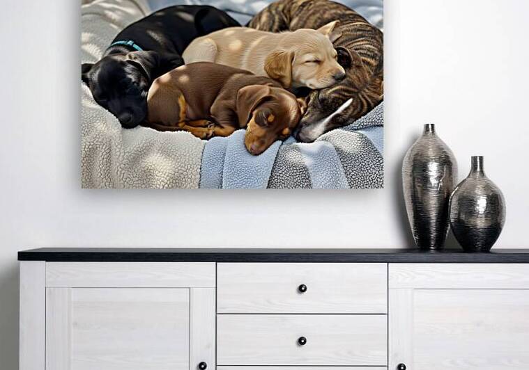Sleepy Brown Dachshund Puppy Cuddling With Tired Siblings by Puppy Prints