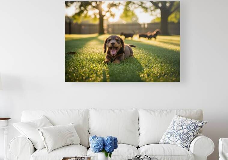 Brown Dachshund Puppy Waking Up In Sunny Garden by Puppy Prints