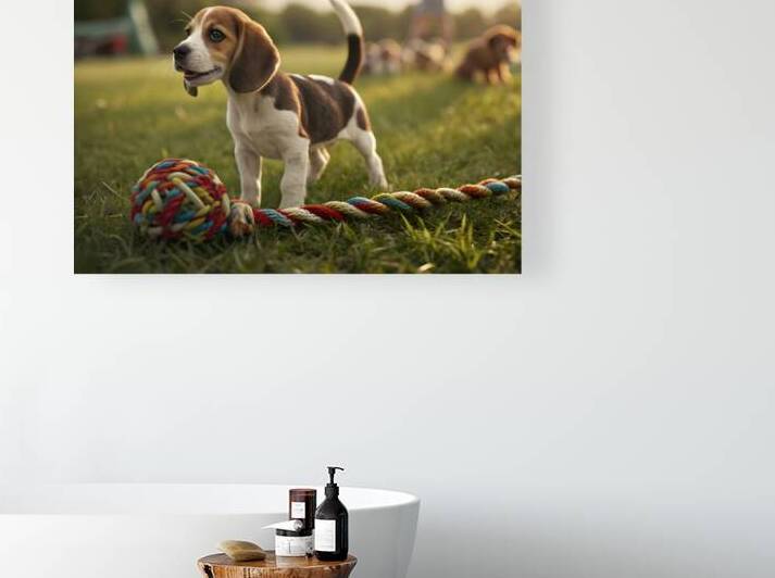 Beagle Puppy Discovers The Fun Rope Toy by Puppy Prints