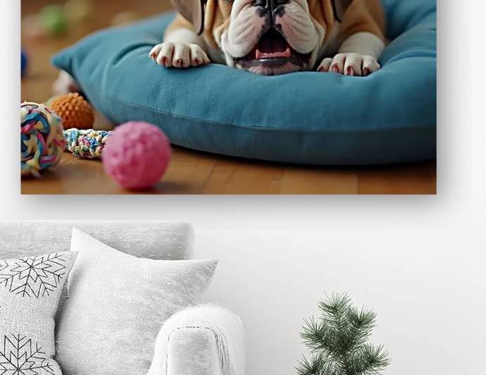 Sleepy Bulldog Puppy Yawns On Blue Cushion by Puppy Prints