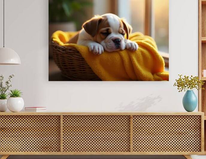 Bulldog Puppy Sleeps Peacefully In Wicker Basket by Puppy Prints