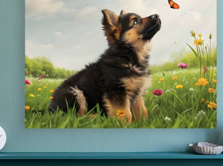 German Shepherd Puppy Discovers Butterfly In Meadow by Puppy Prints