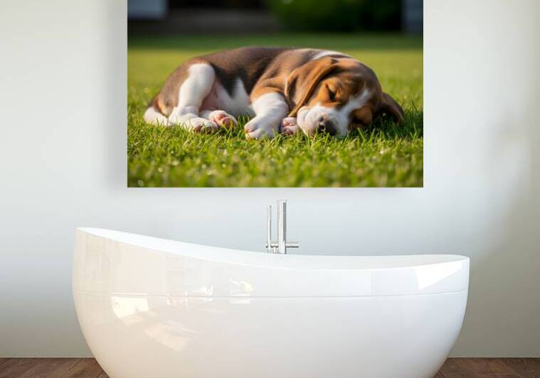 Beagle Puppy Peacefully Sleeping In Sunny Garden by Puppy Prints