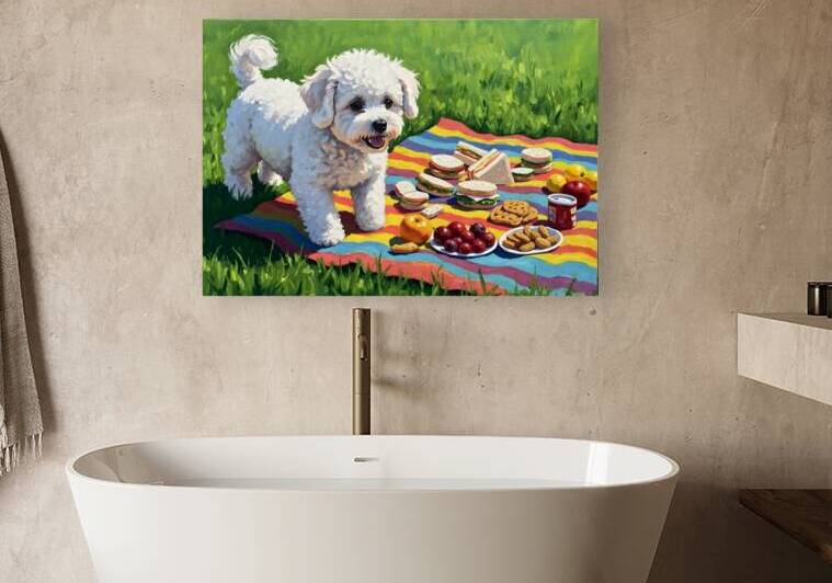 Bichon Frise Puppy Discovers Picnic Spread by Puppy Prints