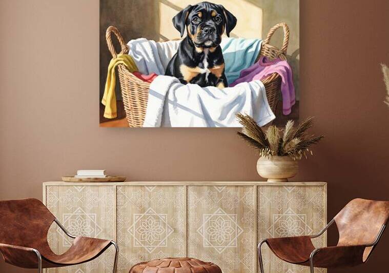 Puppy Cane Corso Discovers Cozy Laundry Basket by Puppy Prints