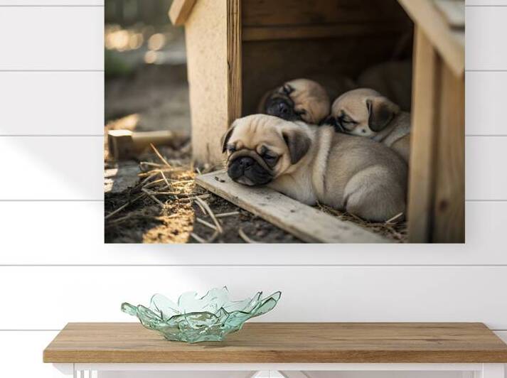 Pug Puppy Settles Comfortably With Sleeping Friends by Puppy Prints