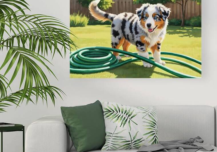 Australian Shepherd Puppy Discovers Garden Hose by Puppy Prints
