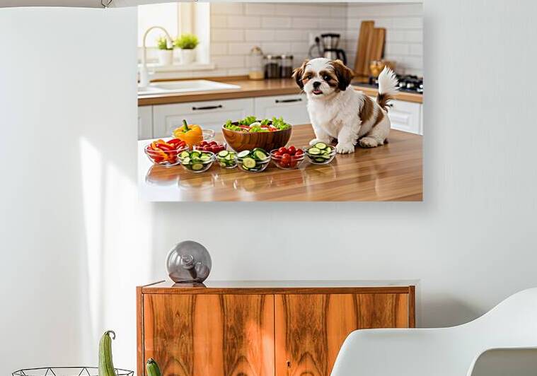 Happy Shih Tzu Puppy In Tidy Kitchen After Cooking by Puppy Prints