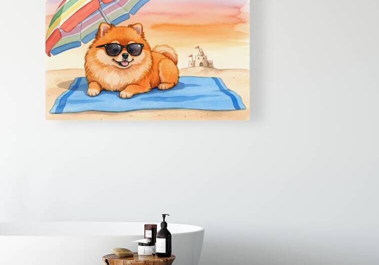 Tired Pomeranian Puppy Resting On Beach Towel by Puppy Prints