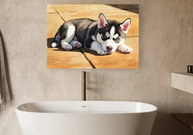 Siberian Husky Puppy Basking In Golden Sunlight by Puppy Prints
