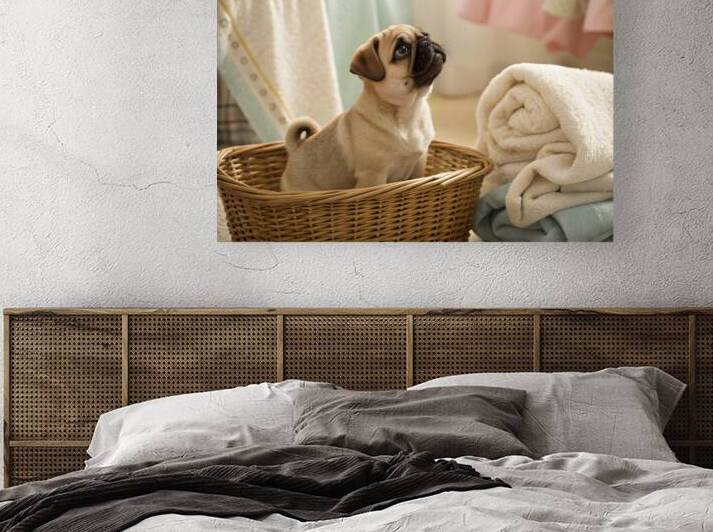 Pug Puppy Discovers Cozy Laundry Basket by Puppy Prints
