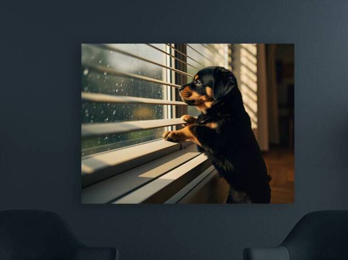 An adorable black and tan Rottweiler puppy stands curiously at a window by Puppy Prints