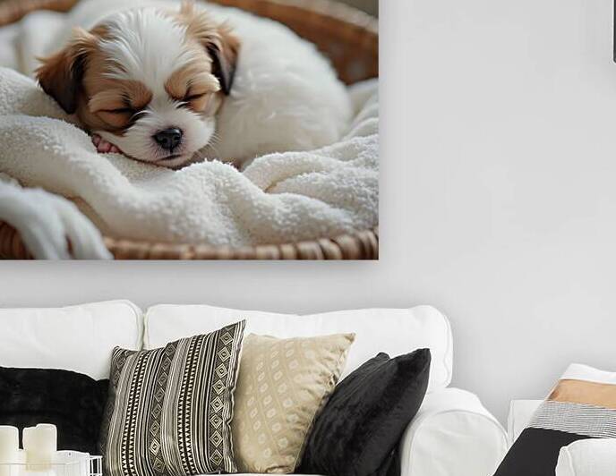 Peaceful Shih Tzu Puppy Sleeps In Cream Towels by Puppy Prints