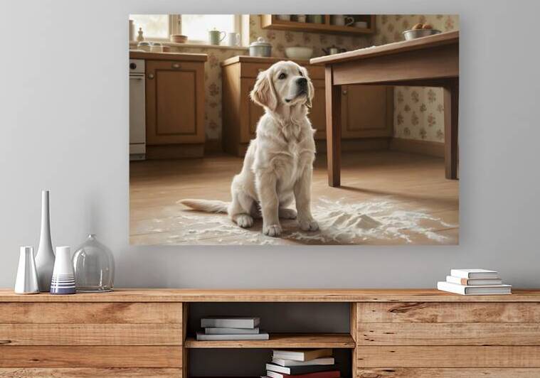 Hopeful Puppy After Kitchen Adventure Ends by Puppy Prints