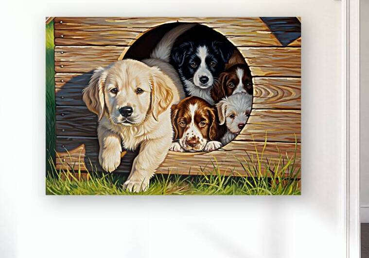 Golden Retriever Puppy Enters Crowded Doghouse by Puppy Prints