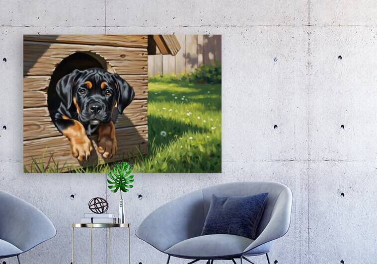 Curious Cane Corso Puppy Peeks From Doghouse by Puppy Prints