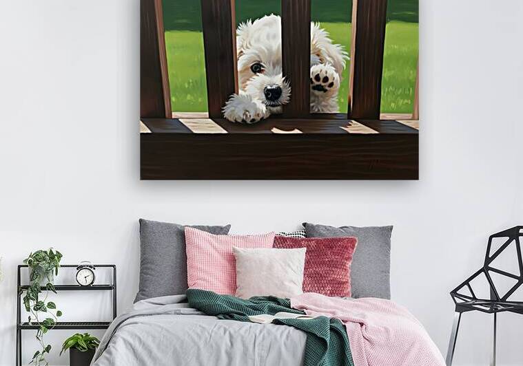 White Bichon Frise Puppy Peeking Through Wooden Fence by Puppy Prints