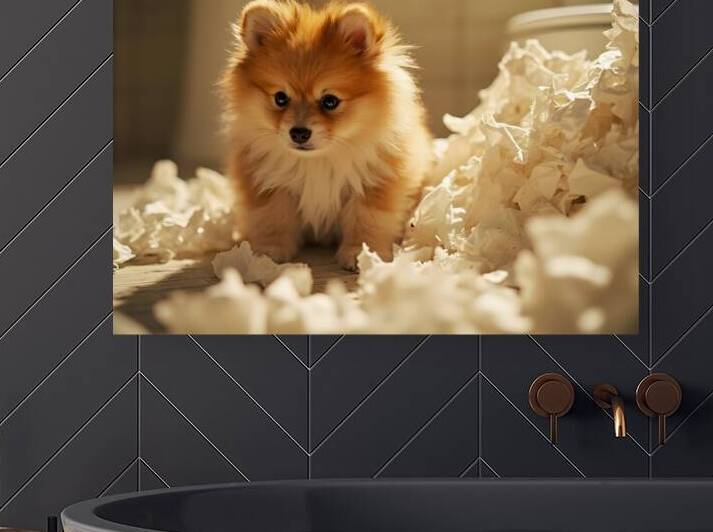Guilty Pomeranian Puppy After Making Paper Mess by Puppy Prints