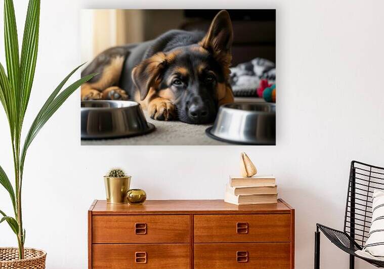 Drowsy German Shepherd Puppy Resting After Eating by Puppy Prints