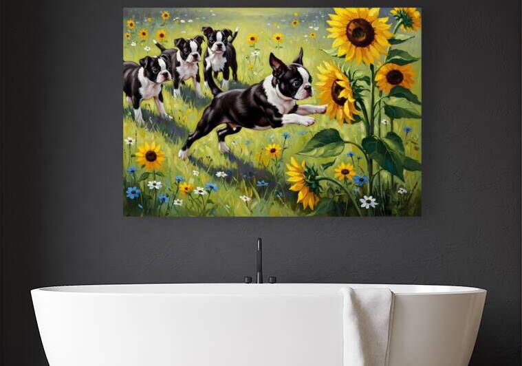 Boston Terrier Puppy Plays Near Beautiful Sunflower by Puppy Prints