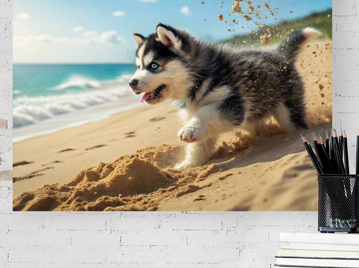 Siberian Husky Puppy Discovers Sandy Beach Fun by Puppy Prints