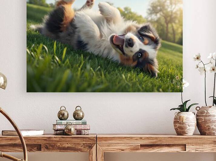 Happy Australian Shepherd Puppy Rolls On Grass by Puppy Prints