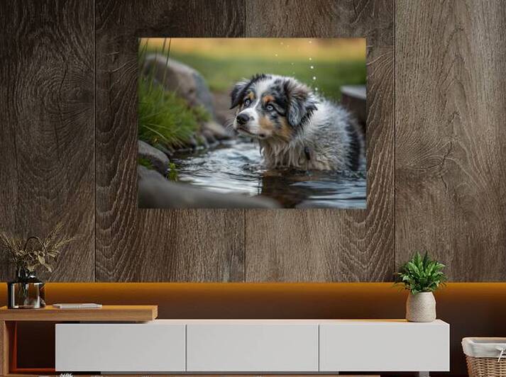 Australian Shepherd Puppy Emerges From Pond Water by Puppy Prints