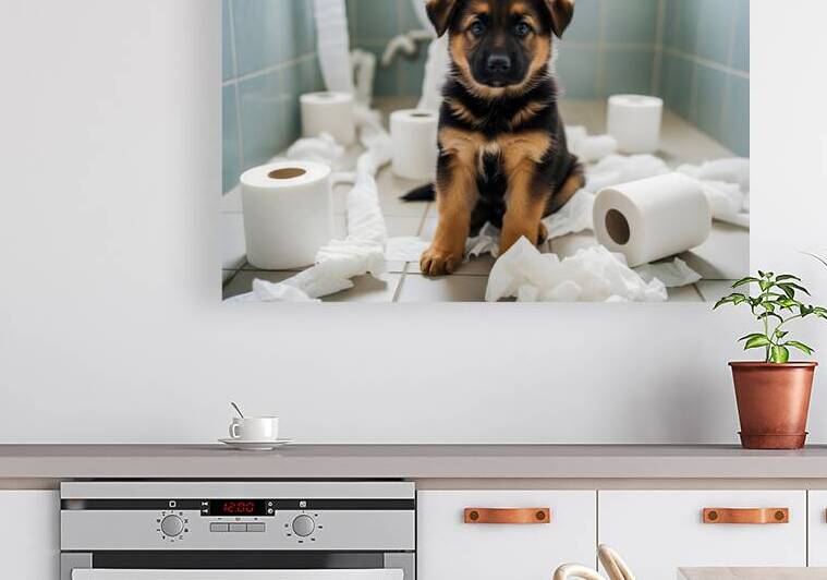 German Shepherd Puppy Discovers Bathroom Treasure by Puppy Prints
