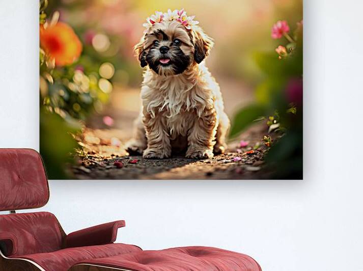 Shih Tzu Puppy Sits Proudly Wearing Flower Crown by Puppy Prints