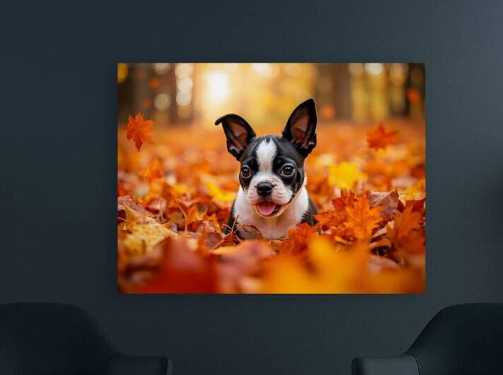 Boston Terrier Puppy Discovers Autumn Leaf Pile by Puppy Prints