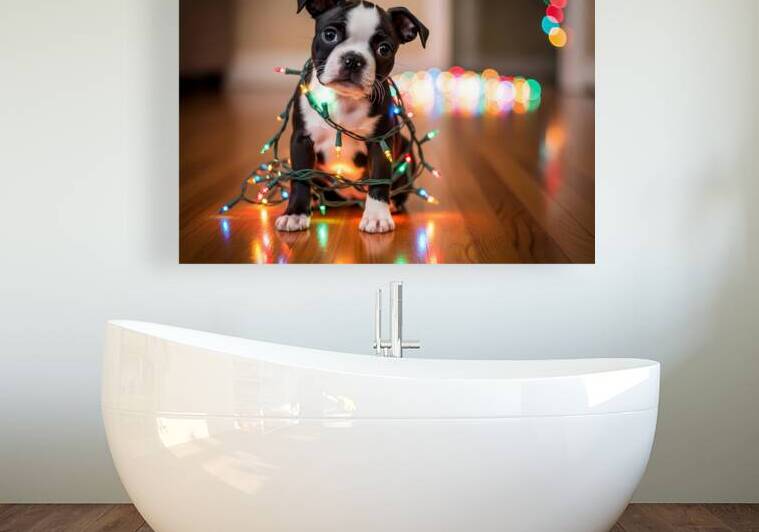 Boston Terrier Puppy Discovers Sparkling Christmas Lights by Puppy Prints