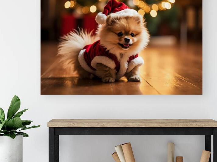 Pomeranian Puppy In Festive Christmas Outfit by Puppy Prints