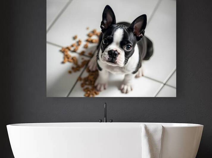 Guilty Boston Terrier Puppy After Making Mess by Puppy Prints