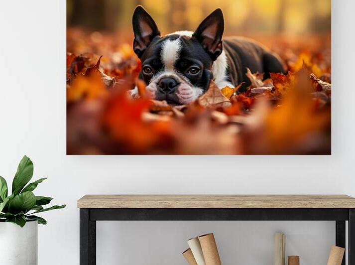 Sleepy Boston Terrier Puppy Rests In Autumn Leaves by Puppy Prints