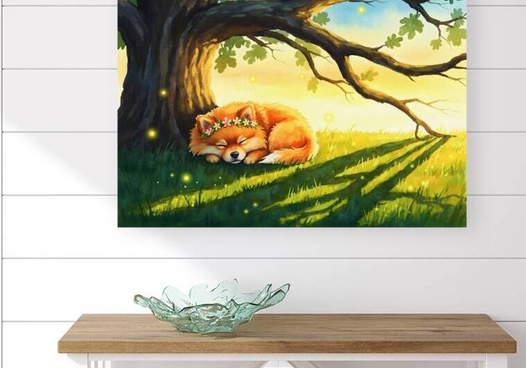 Pomeranian Puppy Sleeps Under Oak Tree At Sunset by Puppy Prints
