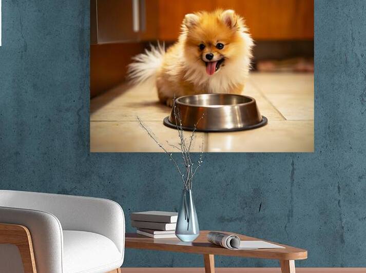 Pomeranian Puppy Waits By Empty Food Bowl by Puppy Prints
