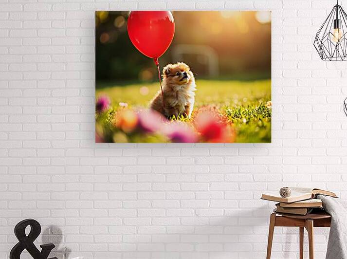 Pomeranian Puppy Discovers Floating Red Balloon by Puppy Prints