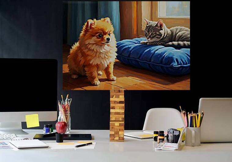 Pomeranian Puppy Discovers New Friend by Puppy Prints