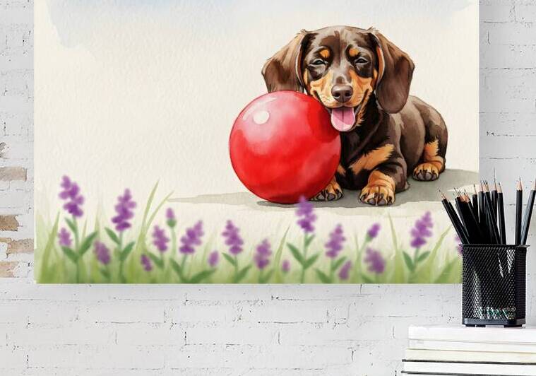 Exhausted Dachshund Puppy Rests Beside The Giant Ball by Puppy Prints