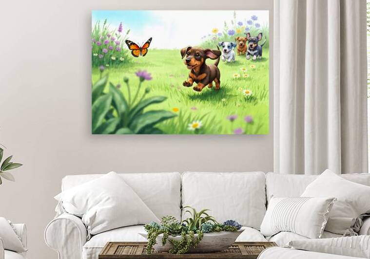 Dachshund Puppy Spots Beautiful Butterfly In Garden by Puppy Prints