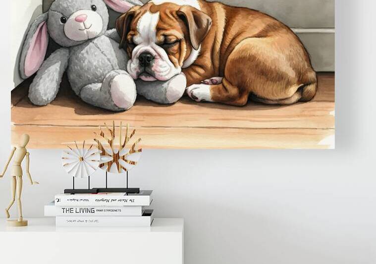 Bulldog Puppy Naps With His Beloved Rabbit Friend by Puppy Prints