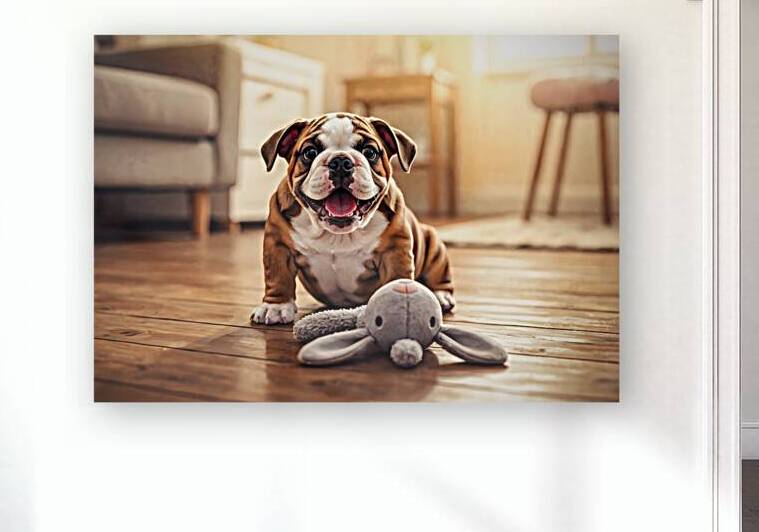 Bulldog Puppy Discovers New Plush Rabbit Friend by Puppy Prints