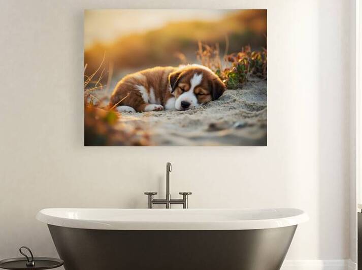 Bulldog Puppy Naps In Sandy Bed by Puppy Prints