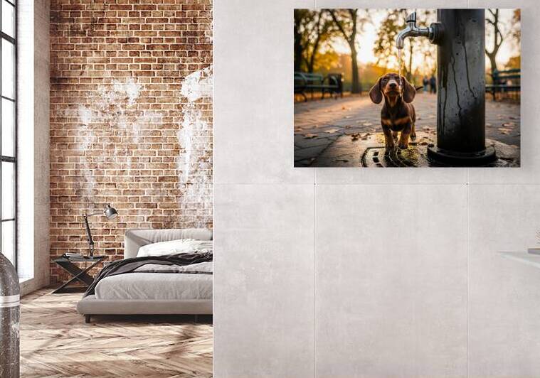 Dachshund Puppy Discovers Water Fountain by Puppy Prints