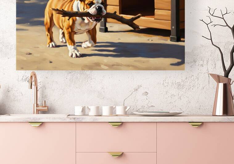 Happy Bulldog Puppy Successfully Brings Stick To Dog House by Puppy Prints