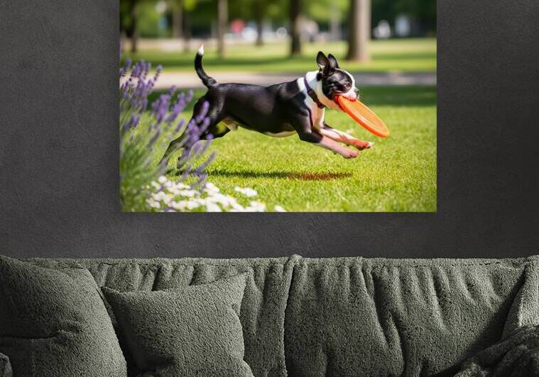 Proud Boston Terrier Puppy Lands With Caught Frisbee by Puppy Prints