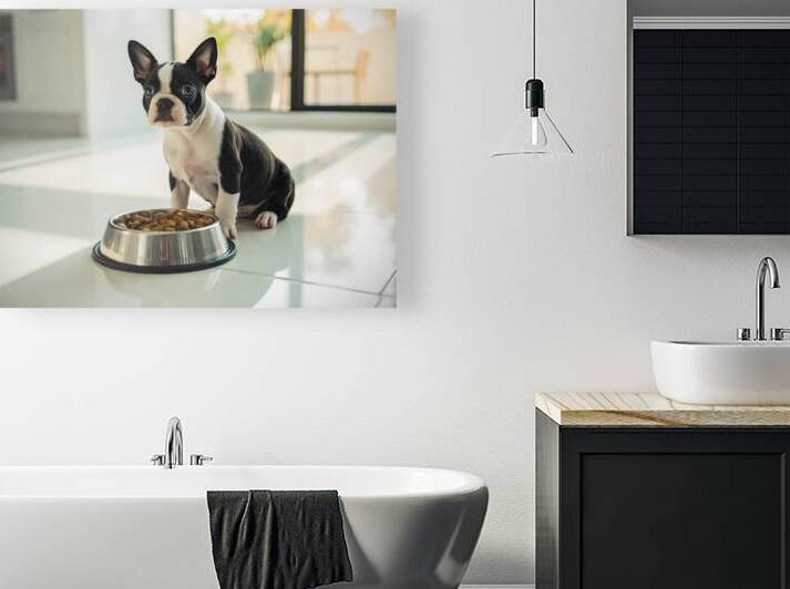 Boston Terrier Puppy Discovers Dinner Time by Puppy Prints